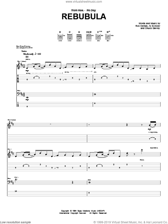 Rebubula sheet music for guitar (tablature) by moe., Al Schnier, Chuck Garvey and Rob Derhak, intermediate skill level