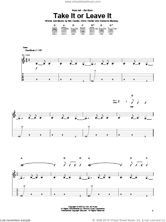 Take It Or Leave It sheet music for guitar (tablature) by Nic Cester, Cameron Muncey and Chris Cester, intermediate skill level