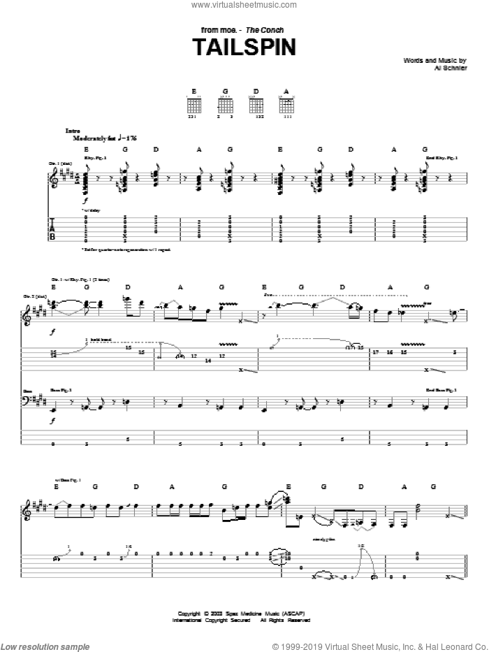 Tailspin sheet music for guitar (tablature) by moe. and Al Schnier, intermediate skill level