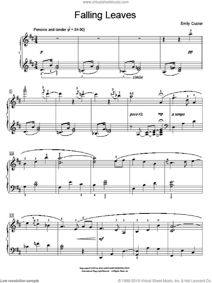 Falling Leaves sheet music for piano solo (elementary) by Emily Custer, beginner piano (elementary)