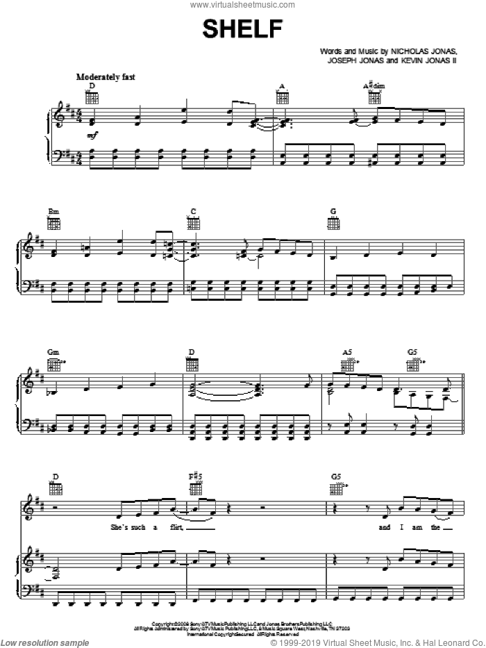 Shelf sheet music for voice, piano or guitar by Jonas Brothers, Joseph Jonas, Kevin Jonas II and Nicholas Jonas, intermediate skill level