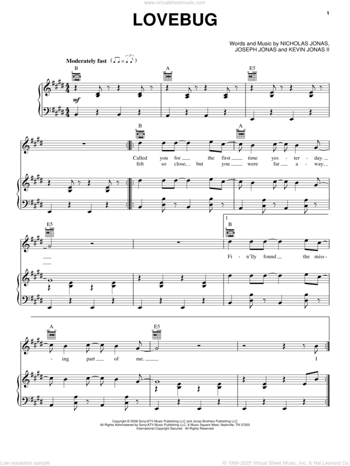 Lovebug sheet music for voice, piano or guitar by Jonas Brothers, Joseph Jonas, Kevin Jonas II and Nicholas Jonas, intermediate skill level