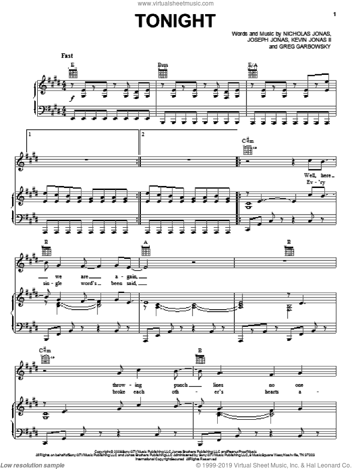 Tonight sheet music for voice, piano or guitar by Jonas Brothers, Greg Garbowsky, Joseph Jonas, Kevin Jonas II and Nicholas Jonas, intermediate skill level
