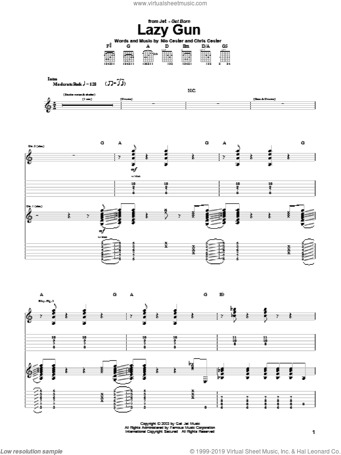 Lazy Gun sheet music for guitar (tablature) by Nic Cester and Chris Cester, intermediate skill level