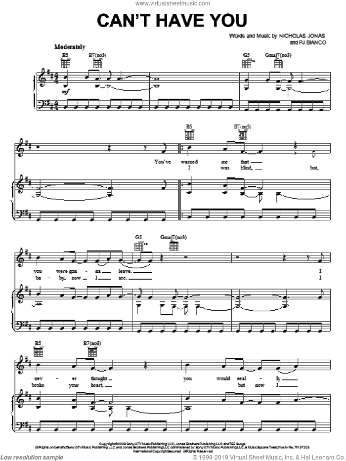 Can't Have You sheet music for voice, piano or guitar by Jonas Brothers, Nicholas Jonas and PJ Bianco, intermediate skill level