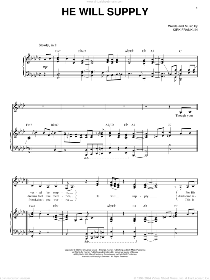 He Will Supply sheet music for voice and piano by Kirk Franklin, intermediate skill level