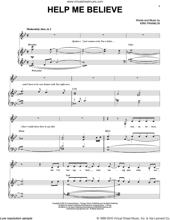 Help Me Believe sheet music for voice and piano by Kirk Franklin, intermediate skill level