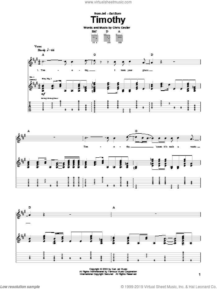Timothy sheet music for guitar (tablature) by Nic Cester and Chris Cester, intermediate skill level