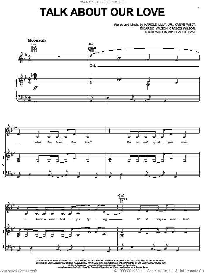 Talk About Our Love sheet music for voice, piano or guitar by Brandy, Harold Lilly, Jr., Kanye West and Richard Wilson, intermediate skill level