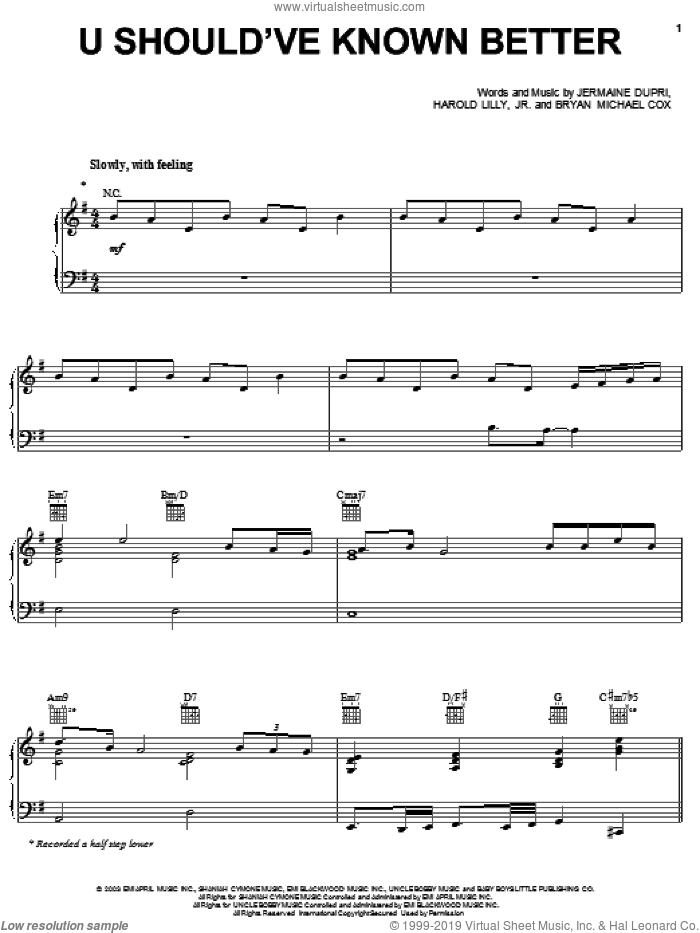 U Should've Known Better sheet music for voice, piano or guitar by Monica, Bryan Michael Cox, Harold Lilly, Jr. and Jermaine Dupri, intermediate skill level