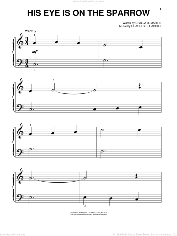 His Eye Is On The Sparrow, (beginner) sheet music for piano solo by Mahalia Jackson, Marvin Gaye, Charles H. Gabriel and Civilla D. Martin, beginner skill level
