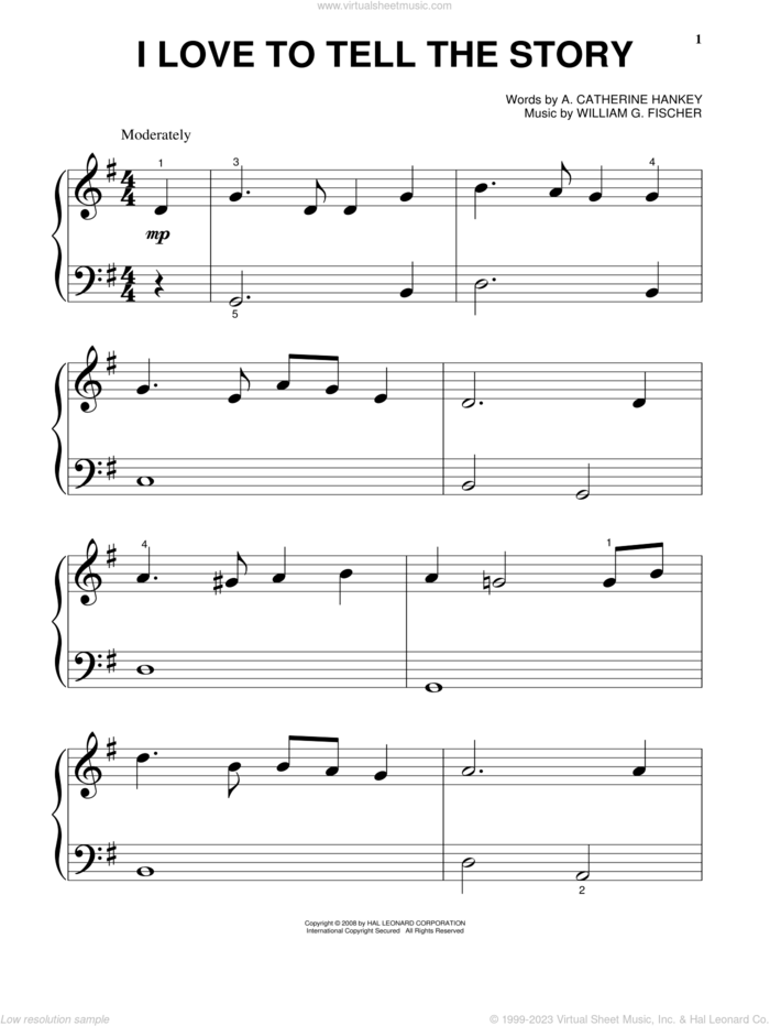 I Love To Tell The Story, (beginner) sheet music for piano solo by A. Catherine Hankey and William G. Fischer, beginner skill level