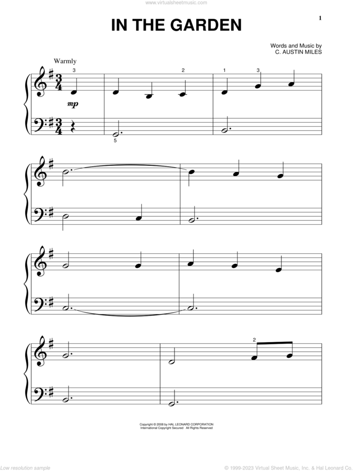 In The Garden, (beginner) sheet music for piano solo by C. Austin Miles, beginner skill level