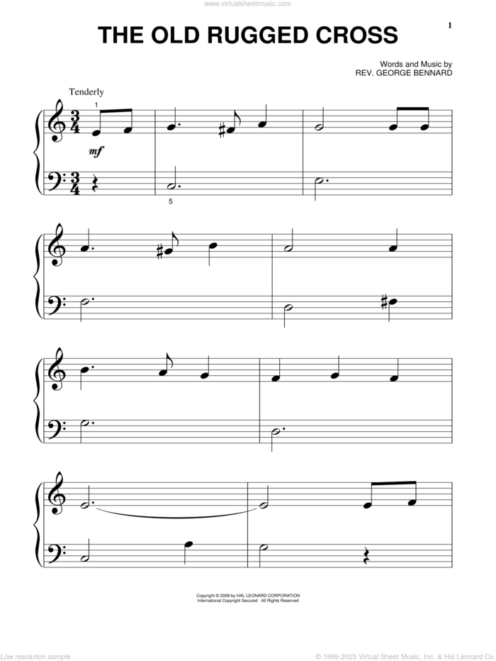 The Old Rugged Cross, (beginner) sheet music for piano solo by Rev. George Bennard, beginner skill level