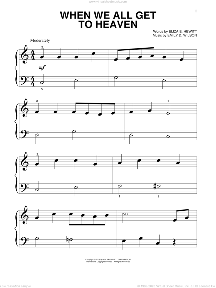 When We All Get To Heaven, (beginner) sheet music for piano solo by Eliza E. Hewitt and Emily D. Wilson, beginner skill level
