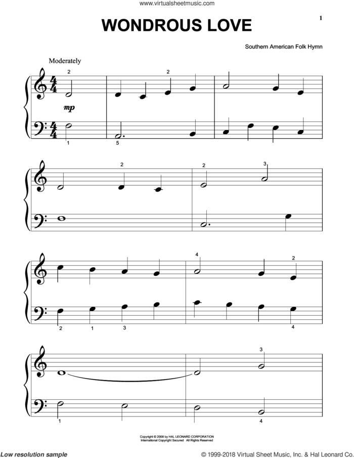 Wondrous Love sheet music for piano solo (big note book), easy piano (big note book)