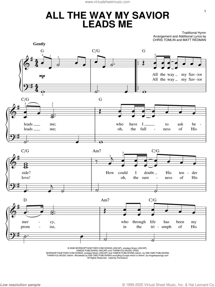 All The Way My Savior Leads Me sheet music for piano solo by Chris Tomlin, Fanny J. Crosby, Matt Redman and Robert Lowry, easy skill level