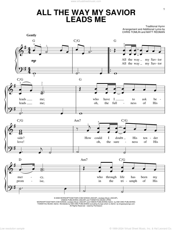 All The Way My Savior Leads Me sheet music for piano solo by Chris Tomlin, Fanny J. Crosby, Matt Redman and Robert Lowry, easy skill level