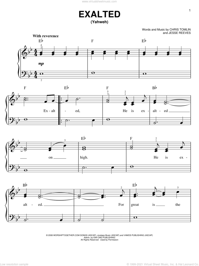 Exalted (Yahweh) sheet music for piano solo by Chris Tomlin and Jesse Reeves, easy skill level