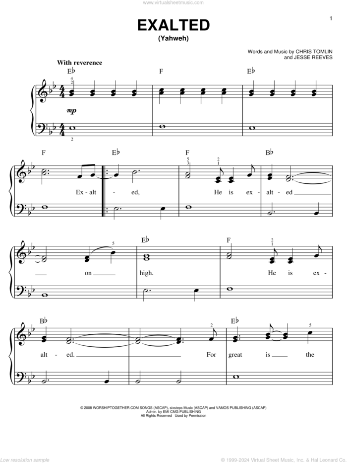 Exalted (Yahweh) sheet music for piano solo by Chris Tomlin and Jesse Reeves, easy skill level