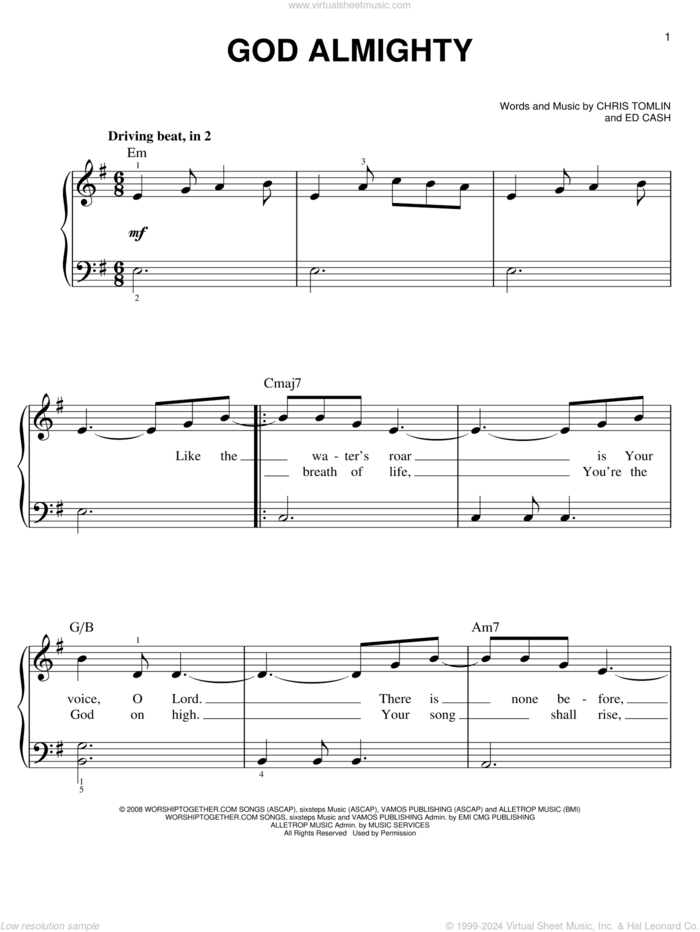 God Almighty sheet music for piano solo by Chris Tomlin and Ed Cash, easy skill level