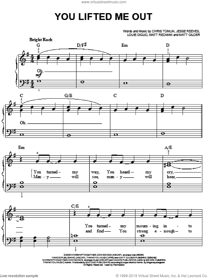 You Lifted Me Out sheet music for piano solo by Chris Tomlin, Jesse Reeves, Louie Giglio, Matt Gilder and Matt Redman, easy skill level