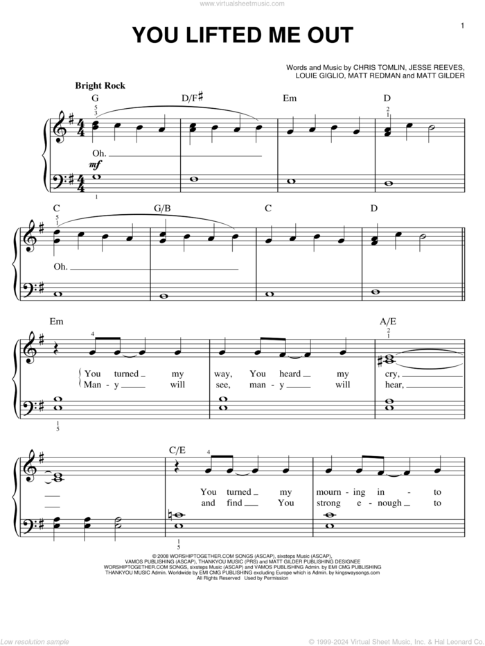 You Lifted Me Out sheet music for piano solo by Chris Tomlin, Jesse Reeves, Louie Giglio, Matt Gilder and Matt Redman, easy skill level