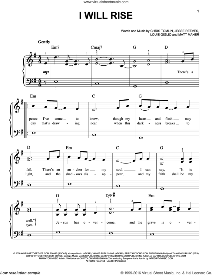 I Will Rise, (easy) sheet music for piano solo by Chris Tomlin, Jesse Reeves, Louis Giglio and Matt Maher, easy skill level