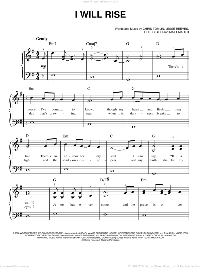 I Will Rise, (easy) sheet music for piano solo by Chris Tomlin, Jesse Reeves, Louis Giglio and Matt Maher, easy skill level