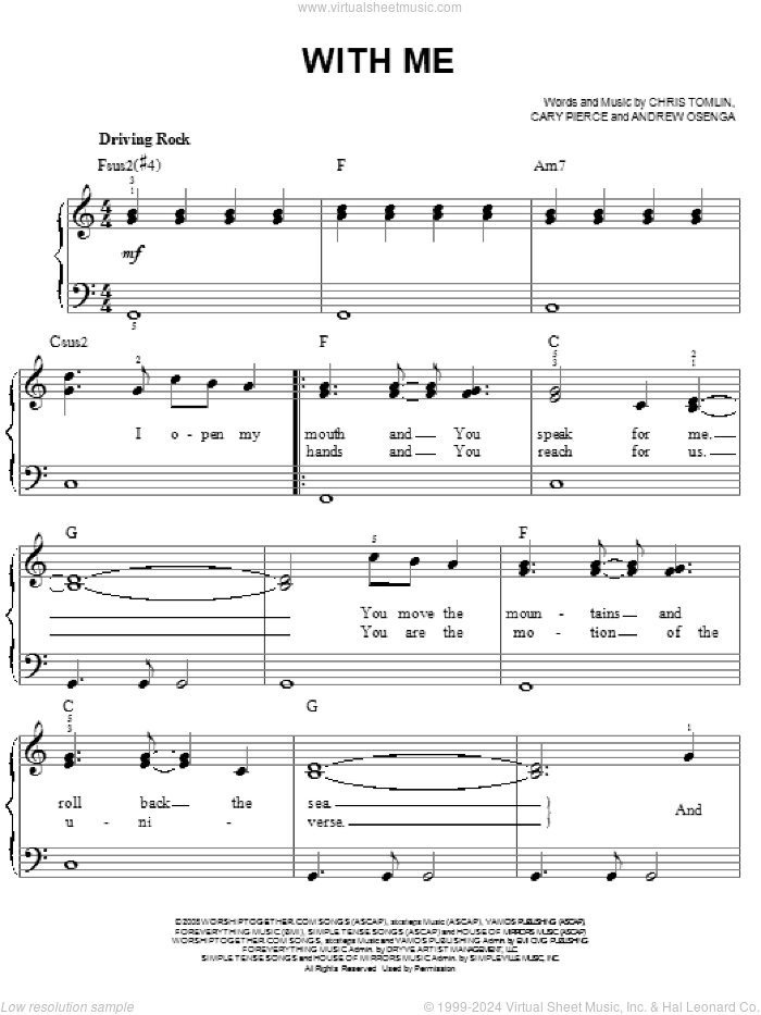 With Me sheet music for piano solo by Chris Tomlin, Andrew Osenga and Cary Pierce, easy skill level