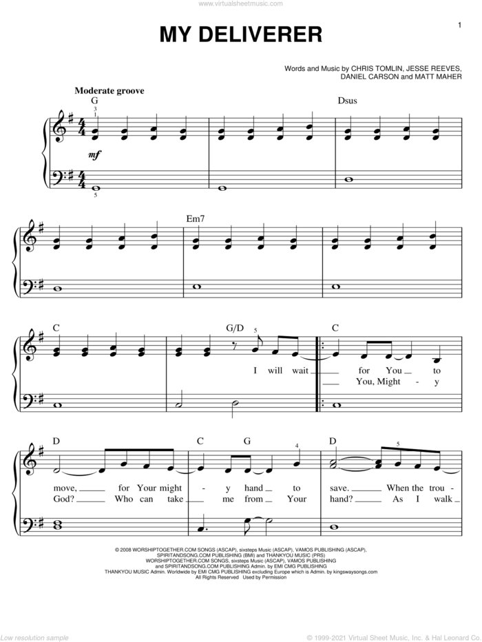 My Deliverer sheet music for piano solo by Chris Tomlin, Daniel Carson, Jesse Reeves and Matt Maher, easy skill level