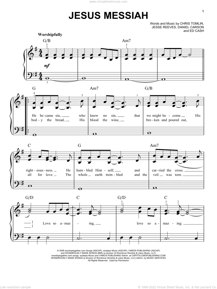 Jesus Messiah, (easy) sheet music for piano solo by Chris Tomlin, Daniel Carson, Ed Cash and Jesse Reeves, easy skill level
