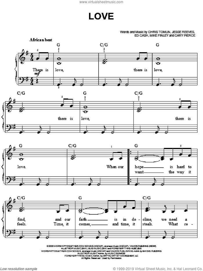 Love sheet music for piano solo by Chris Tomlin, Cary Pierce, Ed Cash, Jesse Reeves and Mike Finley, easy skill level