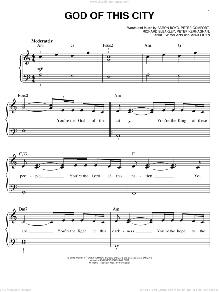 God Of This City sheet music for piano solo by Chris Tomlin, Aaron Boyd, Andrew McCann, Ian Jordan, Peter Comfort, Peter Kernaghan and Richard Bleakley, easy skill level