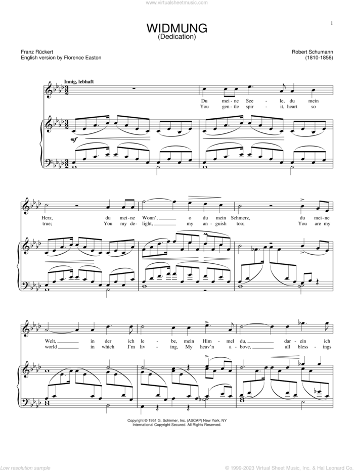 Widmung sheet music for voice and piano by Franz Ruckert and Robert Schumann, wedding score, intermediate skill level