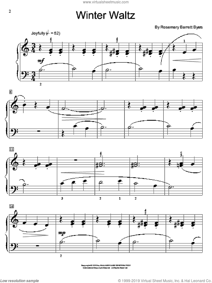 Winter Waltz sheet music for piano solo (elementary) by Rosemary Barrett Byers and Miscellaneous, beginner piano (elementary)