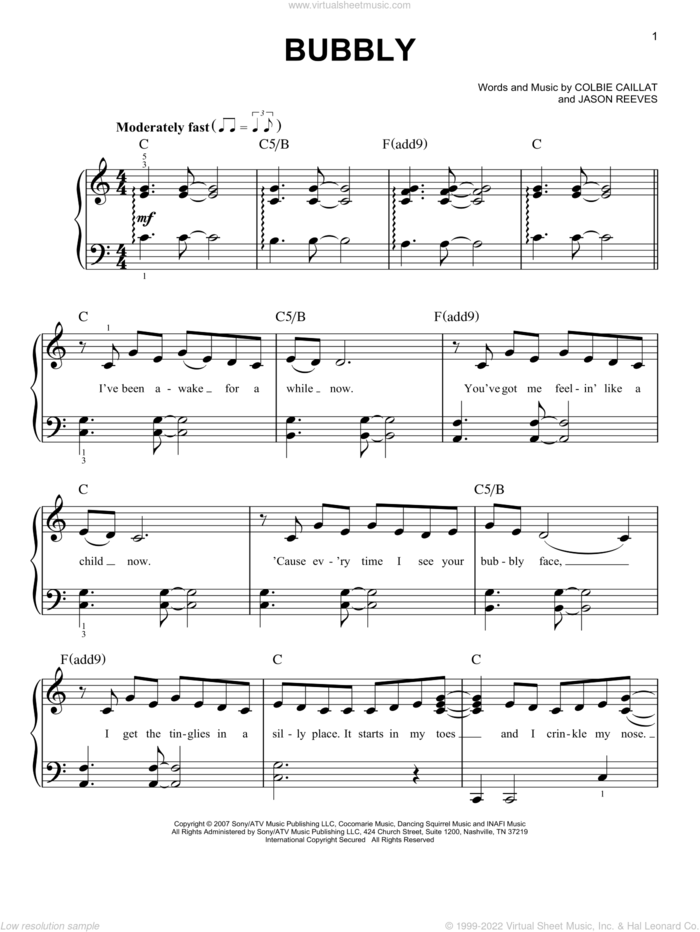Bubbly sheet music for piano solo by Colbie Caillat and Jason Reeves, easy skill level