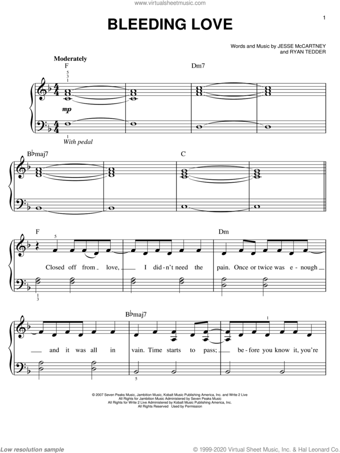 Bleeding Love sheet music for piano solo by Leona Lewis, Jesse McCartney and Ryan Tedder, easy skill level