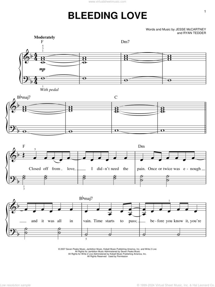 Bleeding Love, (easy) sheet music for piano solo by Leona Lewis, Jesse McCartney and Ryan Tedder, easy skill level