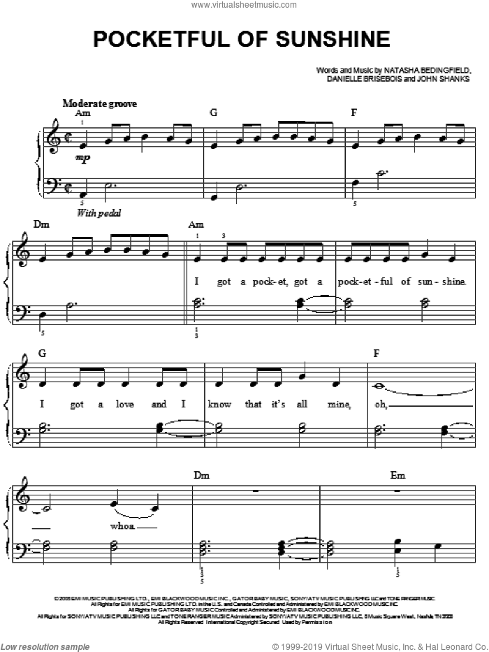 Pocketful Of Sunshine sheet music for piano solo by Natasha Bedingfield, Danielle Brisbois and John Shanks, easy skill level
