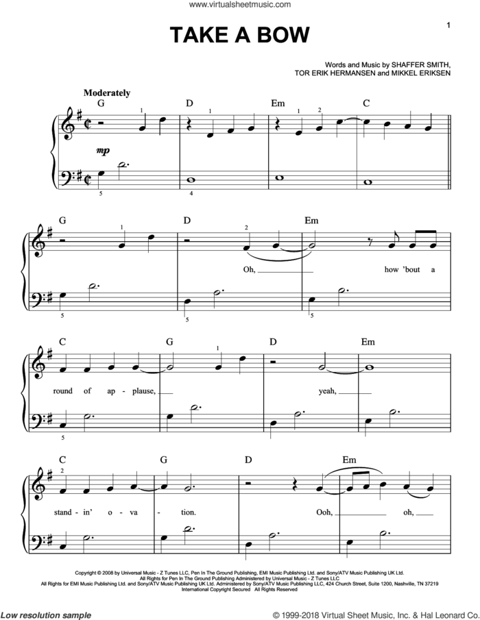 Take A Bow sheet music for piano solo by Rihanna, Miscellaneous, Mikkel Eriksen, Shaffer Smith and Tor Erik Hermansen, easy skill level