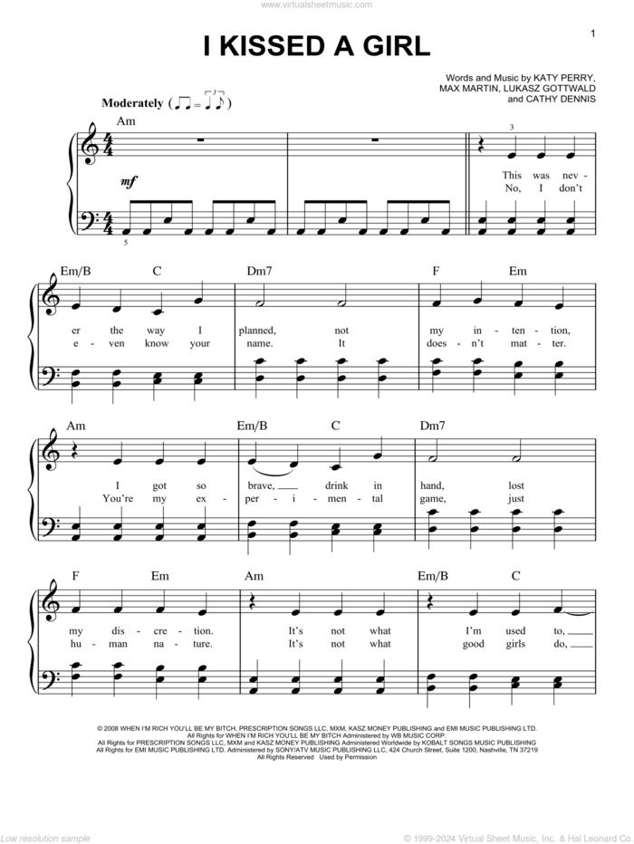 I Kissed A Girl sheet music for piano solo by Katy Perry, Cathy Dennis, Lukasz Gottwald, Max Marin and Max Martin, easy skill level