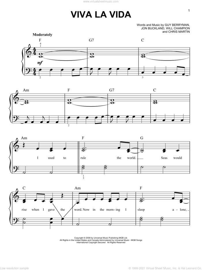 Viva La Vida, (easy) sheet music for piano solo by Coldplay, Chris Martin, Guy Berryman, Jon Buckland and Will Champion, easy skill level