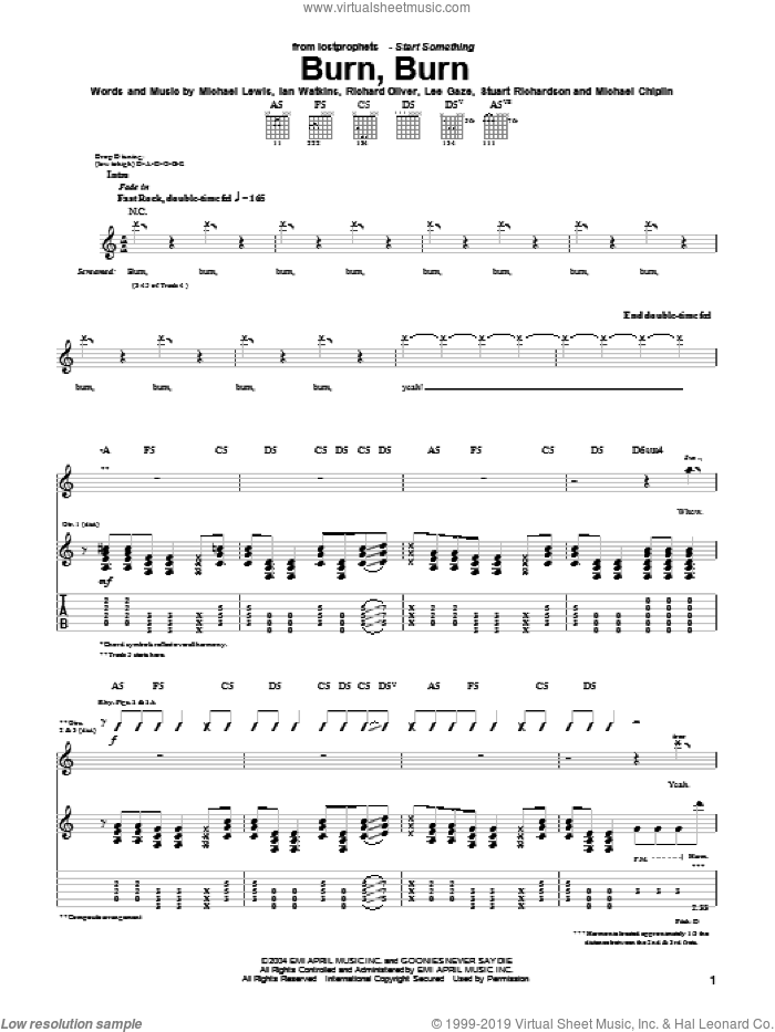 Burn, Burn sheet music for guitar (tablature) by Lostprophets, Ian Watkins, Michael Lewis and Richard Oliver, intermediate skill level