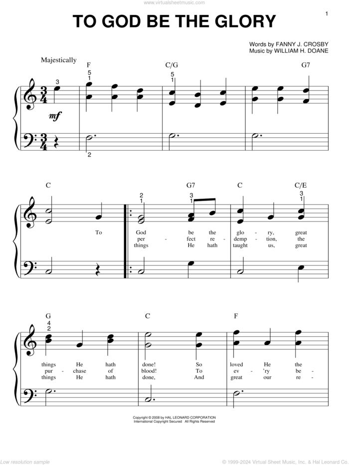 To God Be The Glory sheet music for piano solo (big note book) by Fanny J. Crosby and William H. Doane, easy piano (big note book)