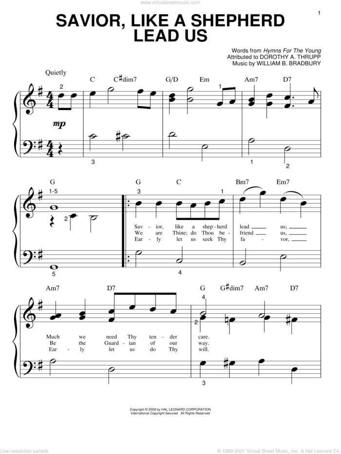Savior, Like A Shepherd Lead Us sheet music for piano solo (big note book) by William B. Bradbury, Dorothy A. Thrupp and Hymns For The Young, wedding score, easy piano (big note book)