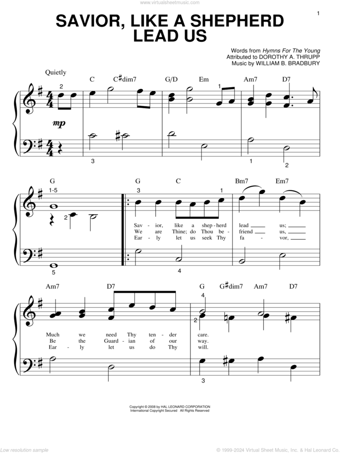 Savior, Like A Shepherd Lead Us sheet music for piano solo (big note book) by William B. Bradbury, Dorothy A. Thrupp and Hymns For The Young, wedding score, easy piano (big note book)