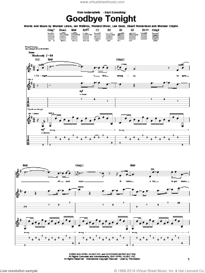 Goodbye Tonight sheet music for guitar (tablature) by Lostprophets, Ian Watkins, Michael Lewis and Richard Oliver, intermediate skill level