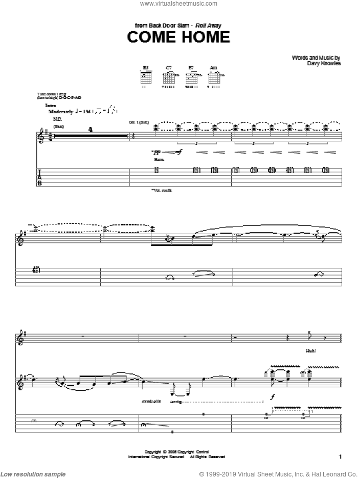 Come Home sheet music for guitar (tablature) by Back Door Slam and Davy Knowles, intermediate skill level