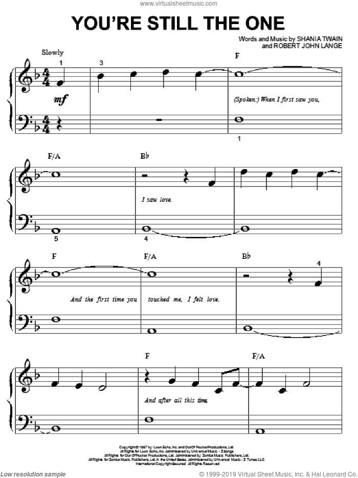 You're Still The One sheet music for piano solo (big note book) by Shania Twain and Robert John Lange, wedding score, easy piano (big note book)
